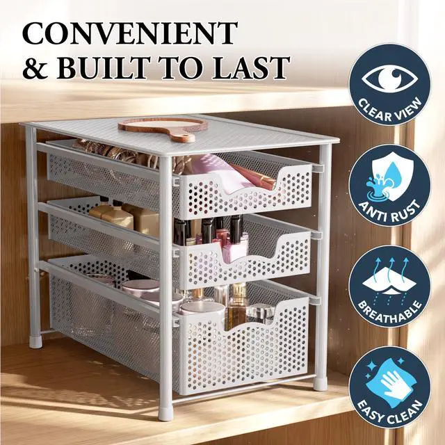 Alt view image 5 of 7 - 3 Tier White Alloy Steel Sliding Basket Organizer Drawer Cabinet