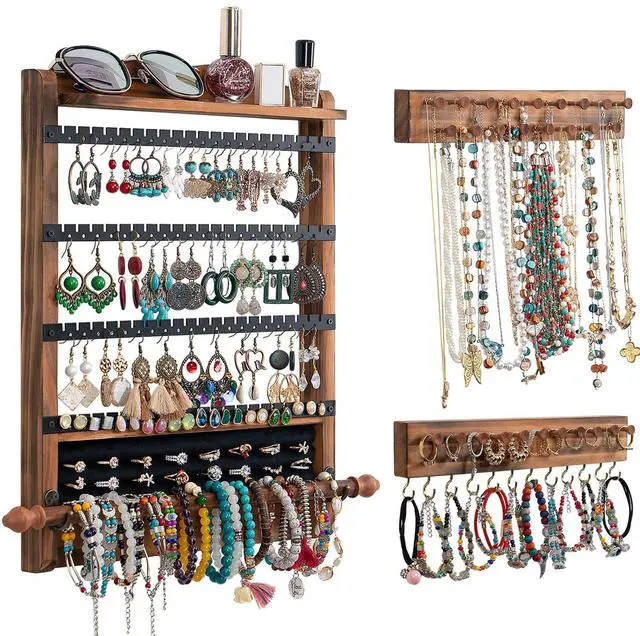 Main image of 3Pcs Jewelry Organizers and Storage,Wood Earring Organizer,Hanging Jewelry Organizer,Rustic Wall Jewellery Organizer,Wall Mounted Earring Holder for Storage Display Gift (Brown+Black)