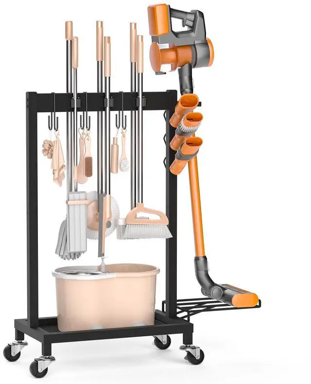 Main image of Broom Holder with Cleaning Supplies Organizer Load 160 LBS Cleaning Cart with Wheels Broom Closet Storage with 6 Mop Hanger Grippers, 3 Double-Hooks, Vacuum Stand for Laundry Garage Organization