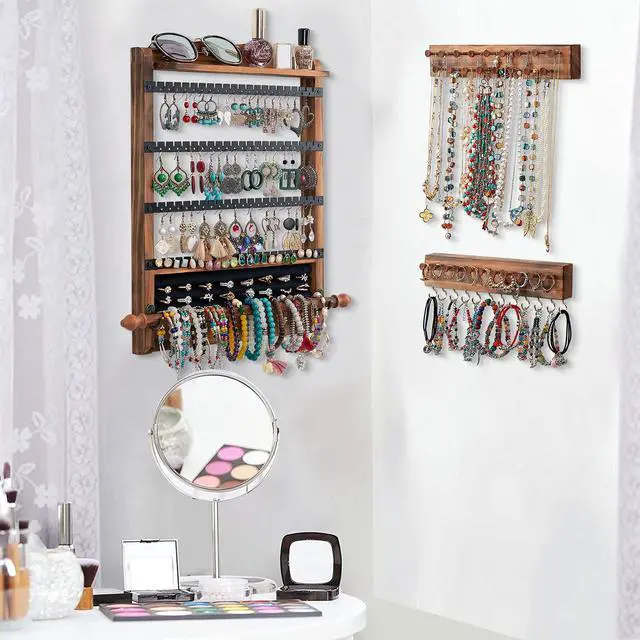 Alt view image 3 of 7 - 3Pcs Jewelry Organizers and Storage,Wood Earring Organizer,Hanging Jewelry Organizer,Rustic Wall Jewellery Organizer,Wall Mounted Earring Holder for Storage Display Gift (Brown+Black)