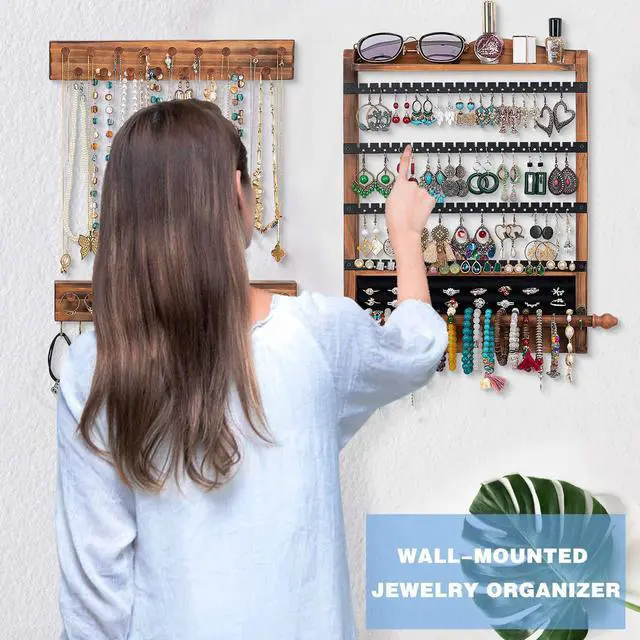 Alt view image 2 of 7 - 3Pcs Jewelry Organizers and Storage,Wood Earring Organizer,Hanging Jewelry Organizer,Rustic Wall Jewellery Organizer,Wall Mounted Earring Holder for Storage Display Gift (Brown+Black)