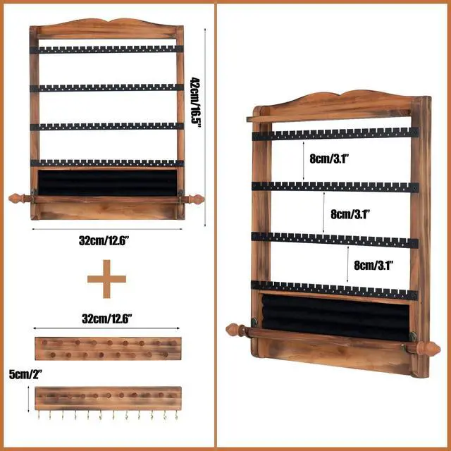 Alt view image 4 of 7 - 3Pcs Jewelry Organizers and Storage,Wood Earring Organizer,Hanging Jewelry Organizer,Rustic Wall Jewellery Organizer,Wall Mounted Earring Holder for Storage Display Gift (Brown+Black)