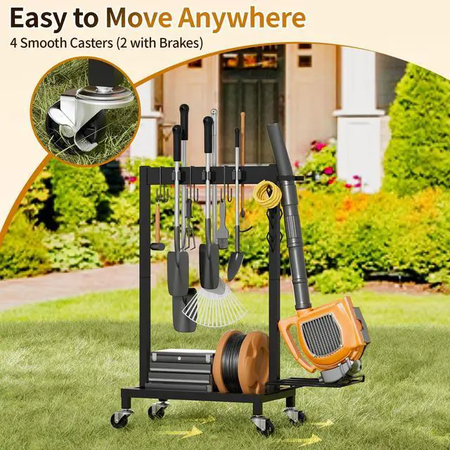 Alt view image 3 of 7 - Broom Holder with Cleaning Supplies Organizer Load 160 LBS Cleaning Cart with Wheels Broom Closet Storage with 6 Mop Hanger Grippers, 3 Double-Hooks, Vacuum Stand for Laundry Garage Organization