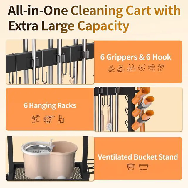 Alt view image 4 of 7 - Broom Holder with Cleaning Supplies Organizer Load 160 LBS Cleaning Cart with Wheels Broom Closet Storage with 6 Mop Hanger Grippers, 3 Double-Hooks, Vacuum Stand for Laundry Garage Organization