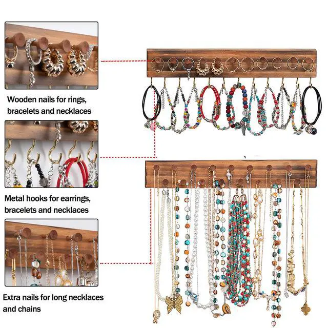 Alt view image 6 of 7 - 3Pcs Jewelry Organizers and Storage,Wood Earring Organizer,Hanging Jewelry Organizer,Rustic Wall Jewellery Organizer,Wall Mounted Earring Holder for Storage Display Gift (Brown+Black)