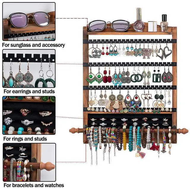 Alt view image 7 of 7 - 3Pcs Jewelry Organizers and Storage,Wood Earring Organizer,Hanging Jewelry Organizer,Rustic Wall Jewellery Organizer,Wall Mounted Earring Holder for Storage Display Gift (Brown+Black)