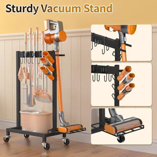 Alt view image 5 of 7 - Broom Holder with Cleaning Supplies Organizer Load 160 LBS Cleaning Cart with Wheels Broom Closet Storage with 6 Mop Hanger Grippers, 3 Double-Hooks, Vacuum Stand for Laundry Garage Organization