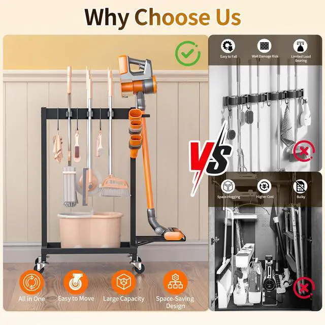 Alt view image 6 of 7 - Broom Holder with Cleaning Supplies Organizer Load 160 LBS Cleaning Cart with Wheels Broom Closet Storage with 6 Mop Hanger Grippers, 3 Double-Hooks, Vacuum Stand for Laundry Garage Organization