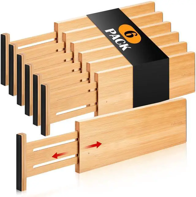 Main image of Dresser Drawer Organizers 6 Pack, 4.65'' High Adjustable from 12.5-17 Bamboo Drawer Dividers for Clothing Baby Clothes, Wooden Separators for Dresser Nursery Organization with Soft Foam Ends