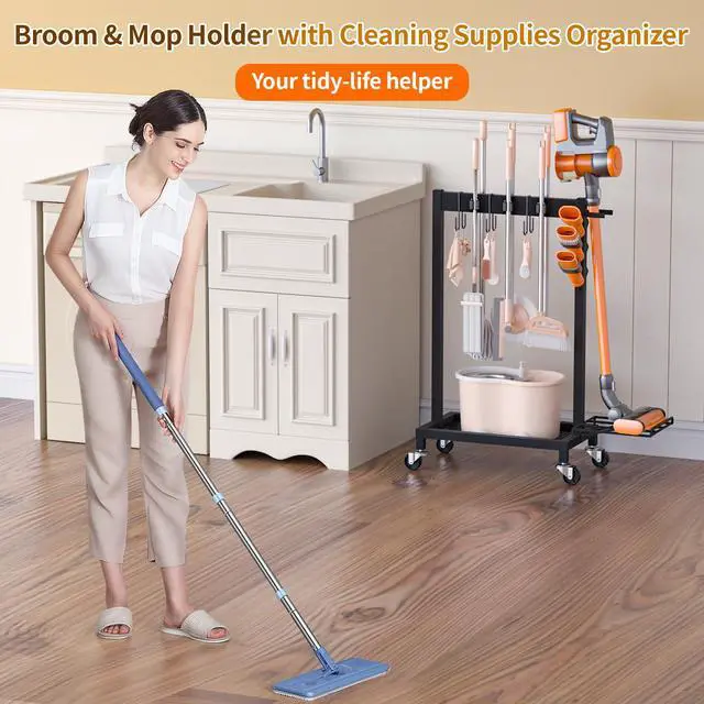 Alt view image 7 of 7 - Broom Holder with Cleaning Supplies Organizer Load 160 LBS Cleaning Cart with Wheels Broom Closet Storage with 6 Mop Hanger Grippers, 3 Double-Hooks, Vacuum Stand for Laundry Garage Organization