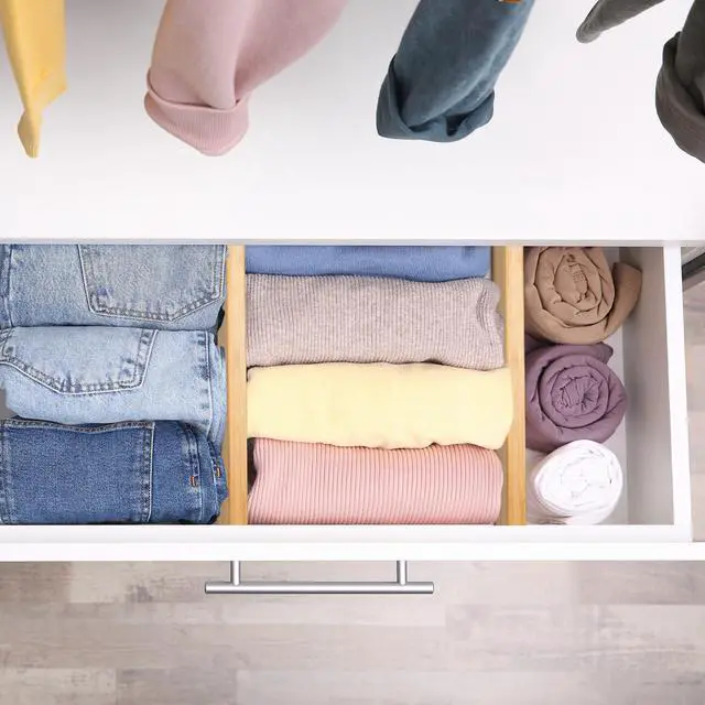 Alt view image 3 of 7 - Dresser Drawer Organizers 6 Pack, 4.65'' High Adjustable from 12.5-17 Bamboo Drawer Dividers for Clothing Baby Clothes, Wooden Separators for Dresser Nursery Organization with Soft Foam Ends