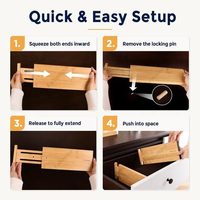 Alt view image 7 of 7 - Drawer Divider 6 Pack, Bamboo Kitchen Dividers Organizers Adjustable 17''-22'', Wooden Dresser Separators for Nursery Organization Clothes Socks Underwear Baby Clothing, with Soft Foam Ends