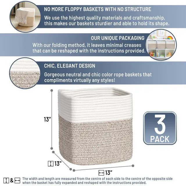 Alt view image 2 of 7 - 13 Inch Cube Storage Bins Cotton Rope Woven Baskets for Organizing 3-Pack | 13 x 13 Storage Cubes | Fabric Square Storage Baskets for Shelves Organizer, Kids Toy Bins, Closet Baby Nursery