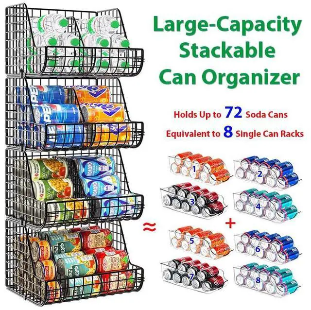 Alt view image 2 of 7 - Stackable Soda Can Organizer Stores Up to 72 Cans, 4-Pack Can Storage Organizer for Pantry Shelves, 4-Tier Kitchen Can Holders with 4 Adjustable Dividers, Wire Drink Organizer for Pantry Cabinet Shelf