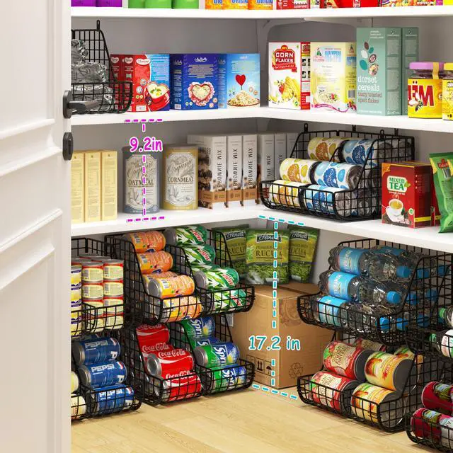 Alt view image 5 of 7 - Stackable Soda Can Organizer Stores Up to 72 Cans, 4-Pack Can Storage Organizer for Pantry Shelves, 4-Tier Kitchen Can Holders with 4 Adjustable Dividers, Wire Drink Organizer for Pantry Cabinet Shelf
