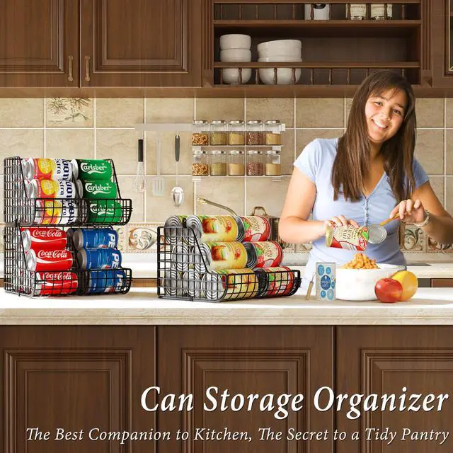 Alt view image 4 of 7 - Stackable Soda Can Organizer Stores Up to 72 Cans, 4-Pack Can Storage Organizer for Pantry Shelves, 4-Tier Kitchen Can Holders with 4 Adjustable Dividers, Wire Drink Organizer for Pantry Cabinet Shelf