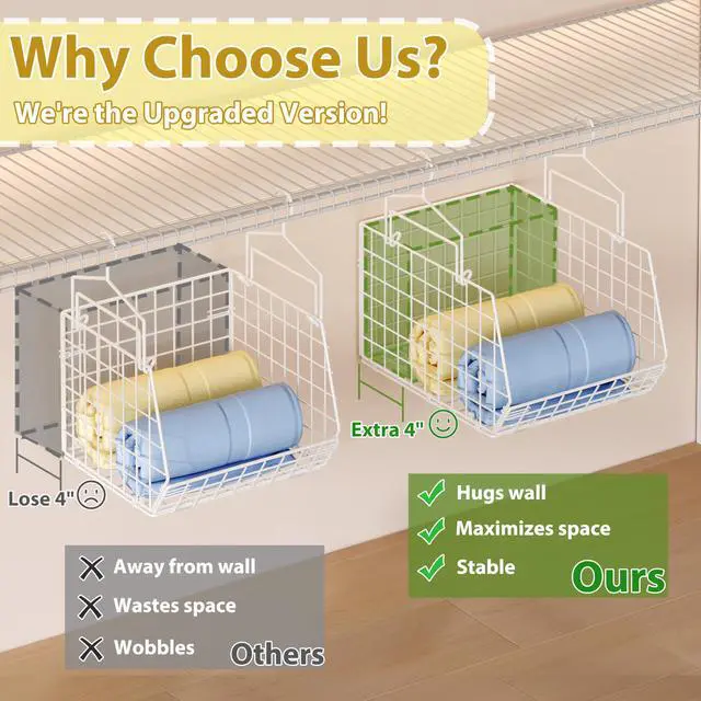 Alt view image 2 of 7 - 6 Tier Extended Depth Hanging Closet Organizer, Closet Storage Hanging Shelves with Hanging Hooks for Clothes Sweaters Towels Handbags, Stackable Metal Mesh Bins For Closet, Laundry, Bathroom, Dorm