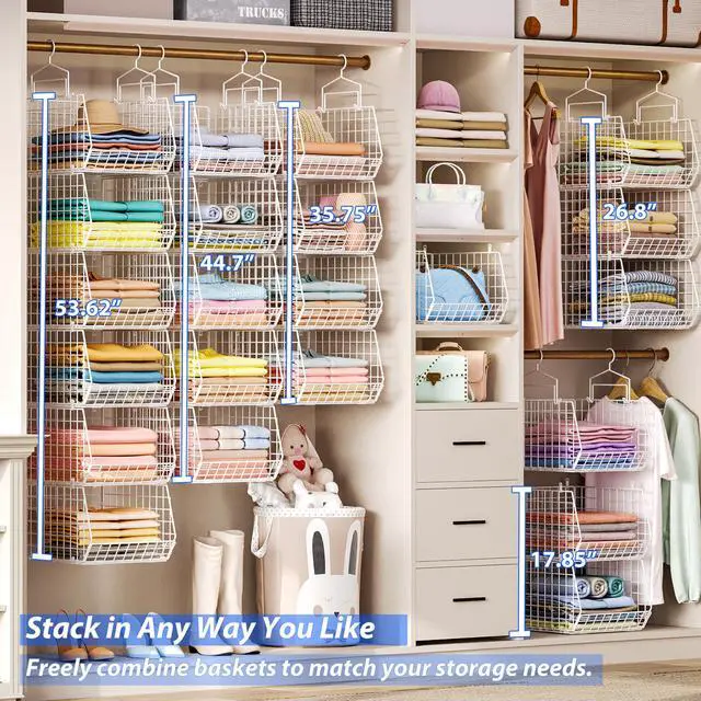 Alt view image 4 of 7 - 6 Tier Extended Depth Hanging Closet Organizer, Closet Storage Hanging Shelves with Hanging Hooks for Clothes Sweaters Towels Handbags, Stackable Metal Mesh Bins For Closet, Laundry, Bathroom, Dorm