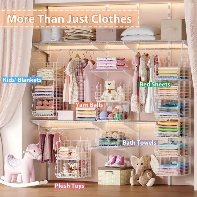 Alt view image 5 of 7 - 6 Tier Extended Depth Hanging Closet Organizer, Closet Storage Hanging Shelves with Hanging Hooks for Clothes Sweaters Towels Handbags, Stackable Metal Mesh Bins For Closet, Laundry, Bathroom, Dorm