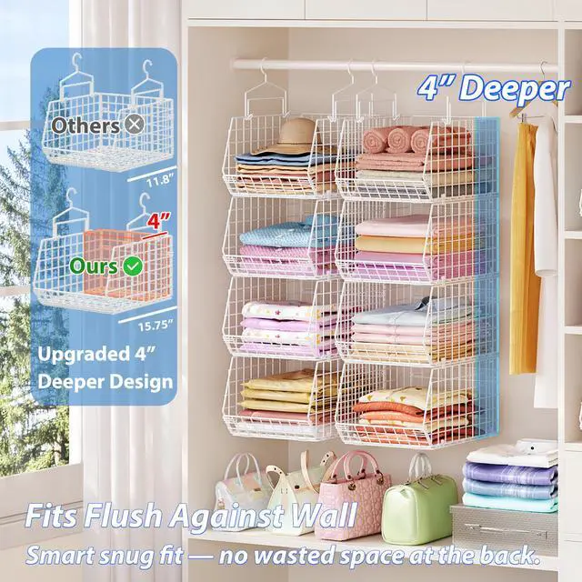 Alt view image 3 of 7 - 6 Tier Extended Depth Hanging Closet Organizer, Closet Storage Hanging Shelves with Hanging Hooks for Clothes Sweaters Towels Handbags, Stackable Metal Mesh Bins For Closet, Laundry, Bathroom, Dorm