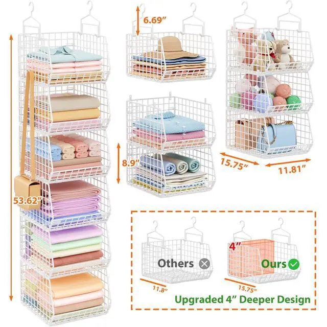 Alt view image 7 of 7 - 6 Tier Extended Depth Hanging Closet Organizer, Closet Storage Hanging Shelves with Hanging Hooks for Clothes Sweaters Towels Handbags, Stackable Metal Mesh Bins For Closet, Laundry, Bathroom, Dorm