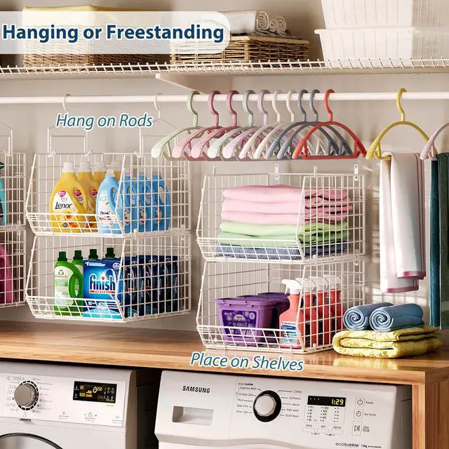 Alt view image 6 of 7 - 6 Tier Extended Depth Hanging Closet Organizer, Closet Storage Hanging Shelves with Hanging Hooks for Clothes Sweaters Towels Handbags, Stackable Metal Mesh Bins For Closet, Laundry, Bathroom, Dorm