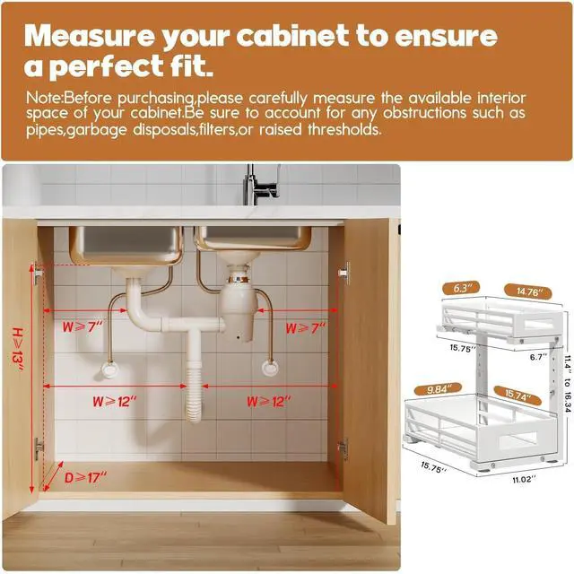 Alt view image 2 of 7 - L-Shaped Metal Under Sink Organizer, 2-Tier Double Pull-Out Cabinet Organizer for Kitchen & Bathroom Storage, Height Adjustable, Smooth Cylinder Rail, White, 2 Packs