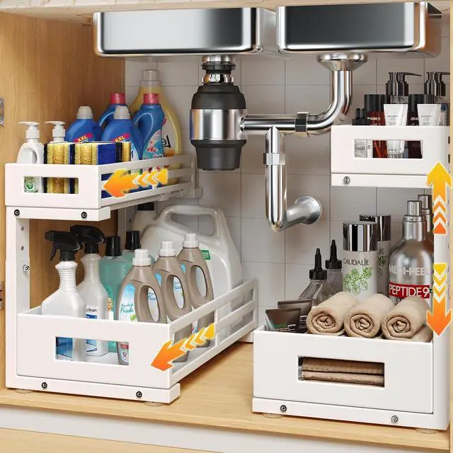 Main image of L-Shaped Metal Under Sink Organizer, 2-Tier Double Pull-Out Cabinet Organizer for Kitchen & Bathroom Storage, Height Adjustable, Smooth Cylinder Rail, White, 2 Packs