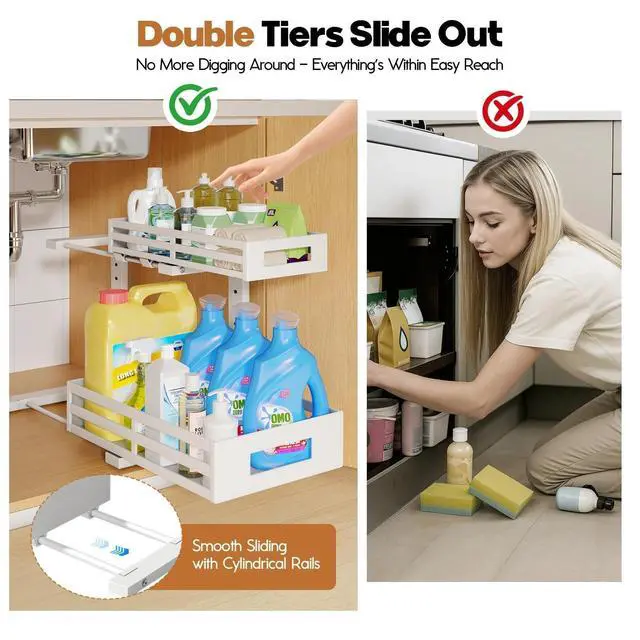 Alt view image 3 of 7 - L-Shaped Metal Under Sink Organizer, 2-Tier Double Pull-Out Cabinet Organizer for Kitchen & Bathroom Storage, Height Adjustable, Smooth Cylinder Rail, White, 2 Packs