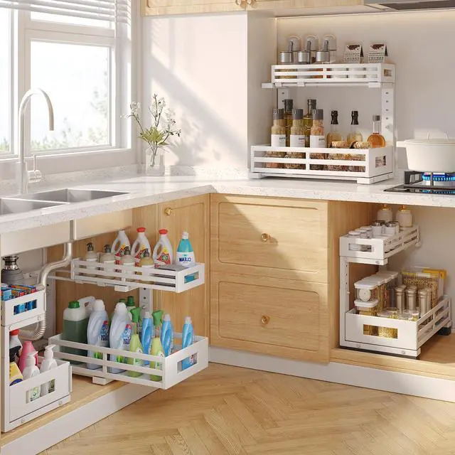 Alt view image 4 of 7 - L-Shaped Metal Under Sink Organizer, 2-Tier Double Pull-Out Cabinet Organizer for Kitchen & Bathroom Storage, Height Adjustable, Smooth Cylinder Rail, White, 2 Packs