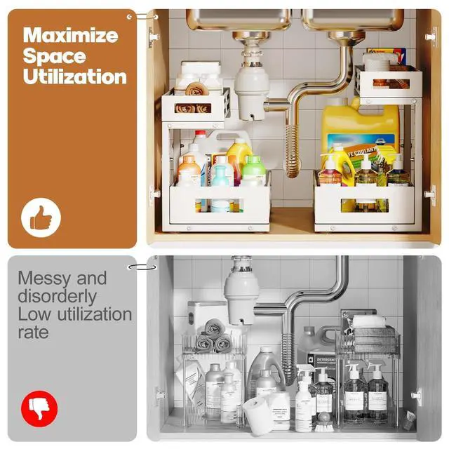 Alt view image 5 of 7 - L-Shaped Metal Under Sink Organizer, 2-Tier Double Pull-Out Cabinet Organizer for Kitchen & Bathroom Storage, Height Adjustable, Smooth Cylinder Rail, White, 2 Packs