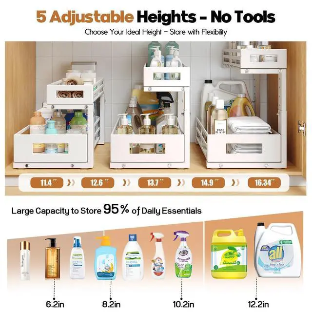 Alt view image 6 of 7 - L-Shaped Metal Under Sink Organizer, 2-Tier Double Pull-Out Cabinet Organizer for Kitchen & Bathroom Storage, Height Adjustable, Smooth Cylinder Rail, White, 2 Packs