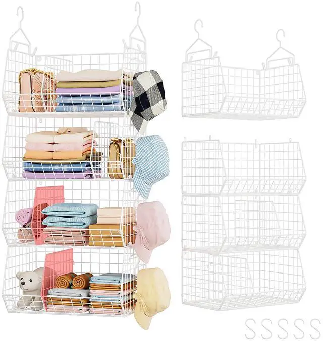 Main image of 4 Tier Extra Large Hanging Closet Organizer ,Closet Organizer Hanging with 5 S Hooks 4 Dividers,Clothes Organizer Clothing Sweaters Clutches Handbags Hats Accessories-White