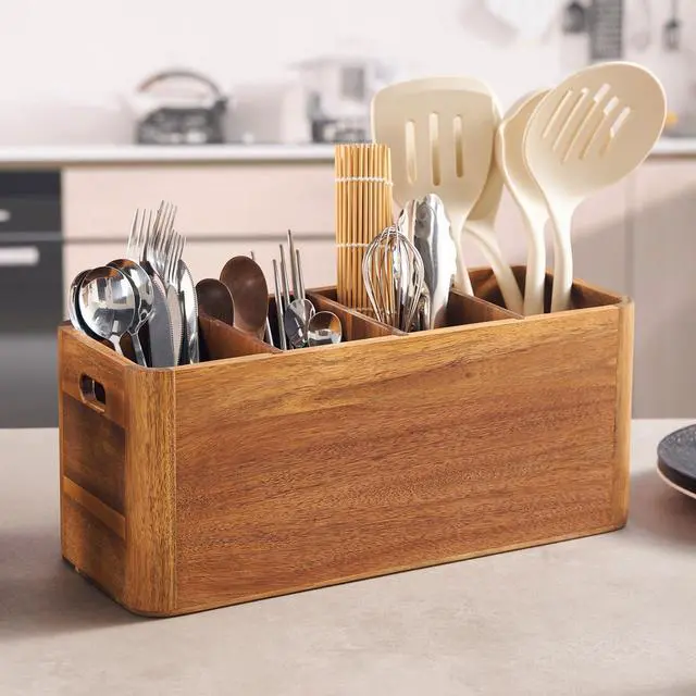 Main image of 16" Wooden Kitchen Utensil Holder, Extra Large Acacia Wood Organizer for Cooking Tools, Utensils & Cutlery Storage 4-Compartment Countertop Holder