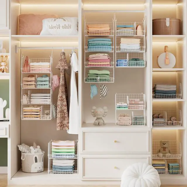 Alt view image 3 of 7 - 4 Tier Extra Large Hanging Closet Organizer ,Closet Organizer Hanging with 5 S Hooks 4 Dividers,Clothes Organizer Clothing Sweaters Clutches Handbags Hats Accessories-White