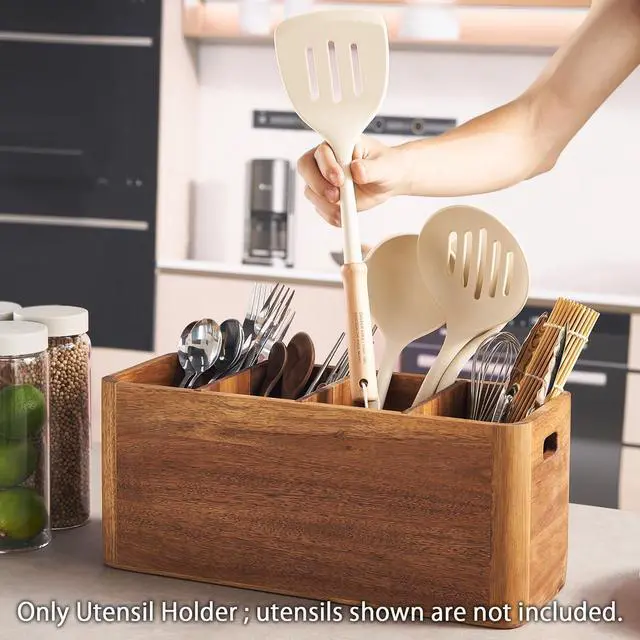 Alt view image 3 of 6 - 16" Wooden Kitchen Utensil Holder, Extra Large Acacia Wood Organizer for Cooking Tools, Utensils & Cutlery Storage 4-Compartment Countertop Holder