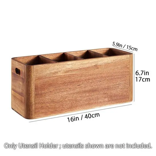 Alt view image 2 of 6 - 16" Wooden Kitchen Utensil Holder, Extra Large Acacia Wood Organizer for Cooking Tools, Utensils & Cutlery Storage 4-Compartment Countertop Holder