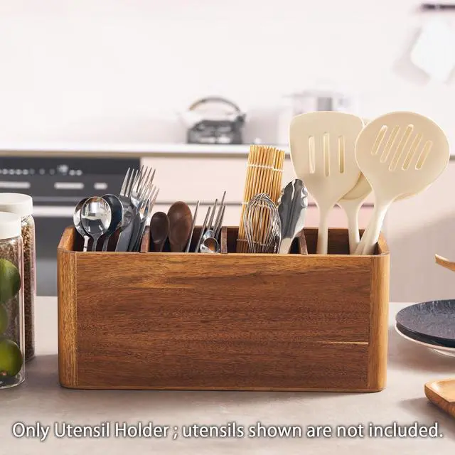 Alt view image 4 of 6 - 16" Wooden Kitchen Utensil Holder, Extra Large Acacia Wood Organizer for Cooking Tools, Utensils & Cutlery Storage 4-Compartment Countertop Holder