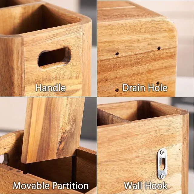 Alt view image 5 of 6 - 16" Wooden Kitchen Utensil Holder, Extra Large Acacia Wood Organizer for Cooking Tools, Utensils & Cutlery Storage 4-Compartment Countertop Holder