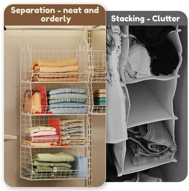Alt view image 6 of 7 - 4 Tier Extra Large Hanging Closet Organizer ,Closet Organizer Hanging with 5 S Hooks 4 Dividers,Clothes Organizer Clothing Sweaters Clutches Handbags Hats Accessories-White