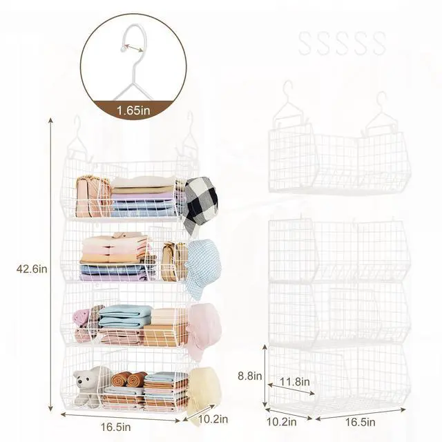Alt view image 7 of 7 - 4 Tier Extra Large Hanging Closet Organizer ,Closet Organizer Hanging with 5 S Hooks 4 Dividers,Clothes Organizer Clothing Sweaters Clutches Handbags Hats Accessories-White