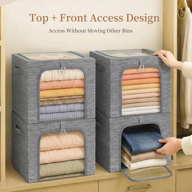 Alt view image 5 of 7 - Clothes Storage Bin with Metal Frame: 6-Pack Stackable Closet Storage Bin with Lid & Clear Window, Sweater Boxes Storage for Closet Bedding Clothing Storage Organizer 40L