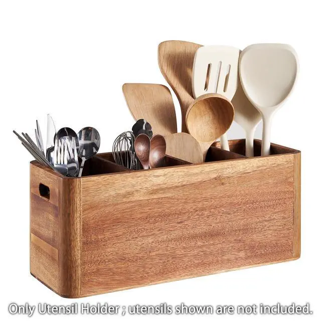 Alt view image 6 of 6 - 16" Wooden Kitchen Utensil Holder, Extra Large Acacia Wood Organizer for Cooking Tools, Utensils & Cutlery Storage 4-Compartment Countertop Holder