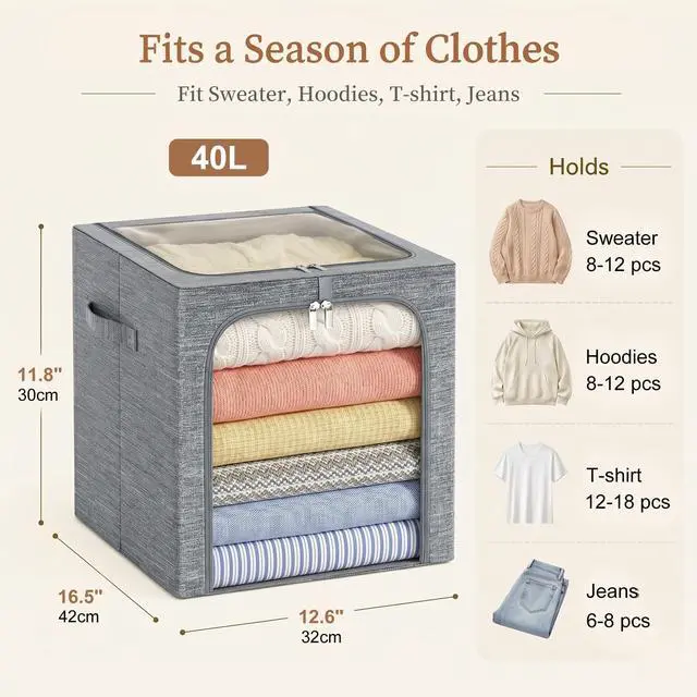 Alt view image 3 of 7 - Clothes Storage Bin with Metal Frame: 6-Pack Stackable Closet Storage Bin with Lid & Clear Window, Sweater Boxes Storage for Closet Bedding Clothing Storage Organizer 40L