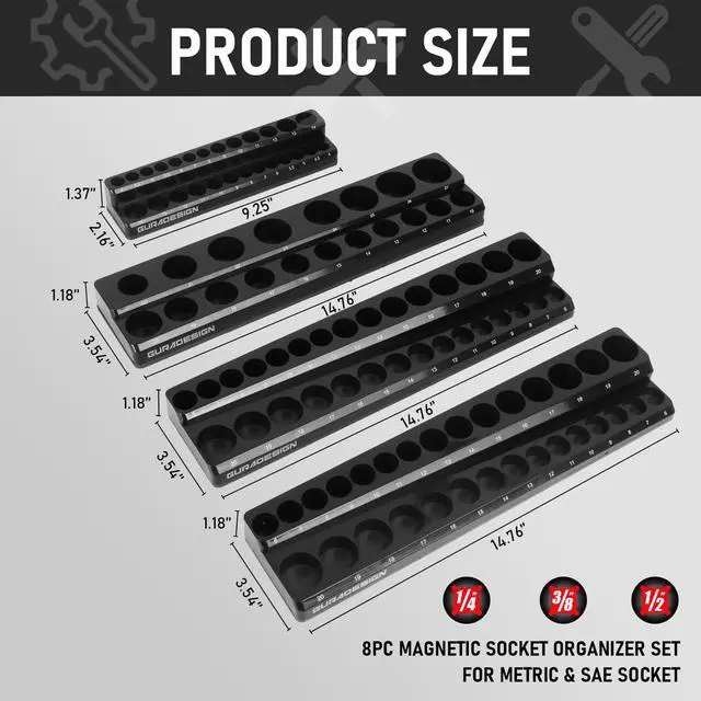 Alt view image 2 of 7 - 8PCS Socket Organizer Set - Magnetic Holder for 171 Pieces (1/4", 3/8", 1/2")