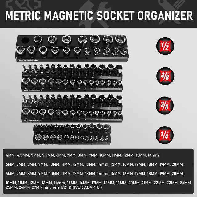 Alt view image 4 of 7 - 8PCS Socket Organizer Set - Magnetic Holder for 171 Pieces (1/4", 3/8", 1/2")