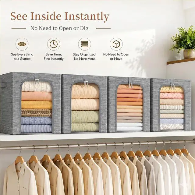 Alt view image 7 of 7 - Clothes Storage Bin with Metal Frame: 6-Pack Stackable Closet Storage Bin with Lid & Clear Window, Sweater Boxes Storage for Closet Bedding Clothing Storage Organizer 40L
