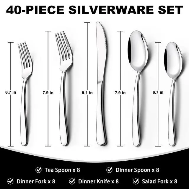 Alt view image 2 of 6 - 40-Piece Silverware Set with Organizer, Heavy Duty Stainless Steel Flatware Set for 8, Food-Grade Tableware Cutlery Set, Utensil Sets for Home Restaurant, Mirror Finish, Dishwasher Safe