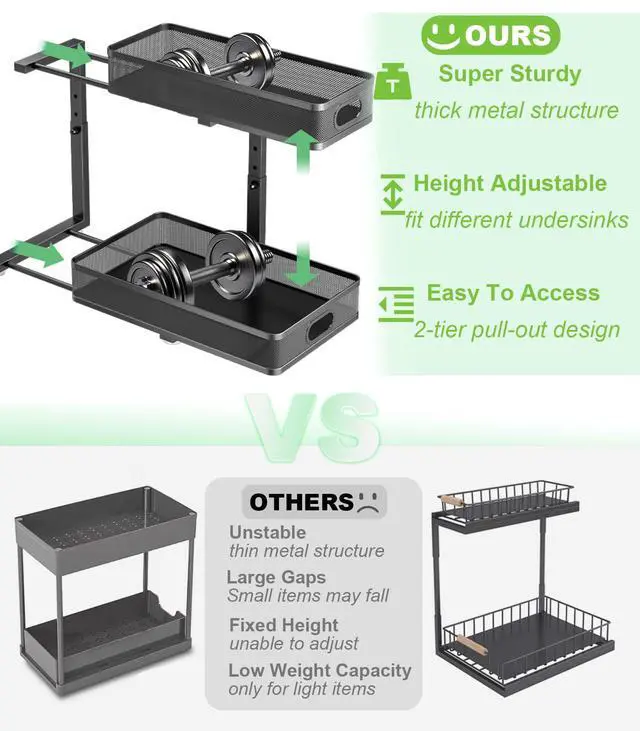Alt view image 2 of 7 - Under Sink Organizer 2 Pack, High Adjustable 2 Tier Under Sink Organizers and Storage, Slide out Metal Cabinet Organizers, Pull out Storage Drawer Shelf for Kitchen Bathroom Cabinet (Black)