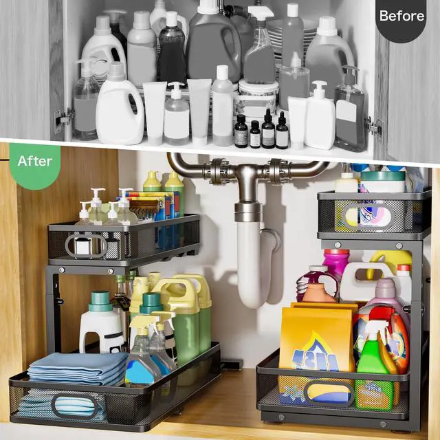 Alt view image 3 of 7 - Under Sink Organizer 2 Pack, High Adjustable 2 Tier Under Sink Organizers and Storage, Slide out Metal Cabinet Organizers, Pull out Storage Drawer Shelf for Kitchen Bathroom Cabinet (Black)